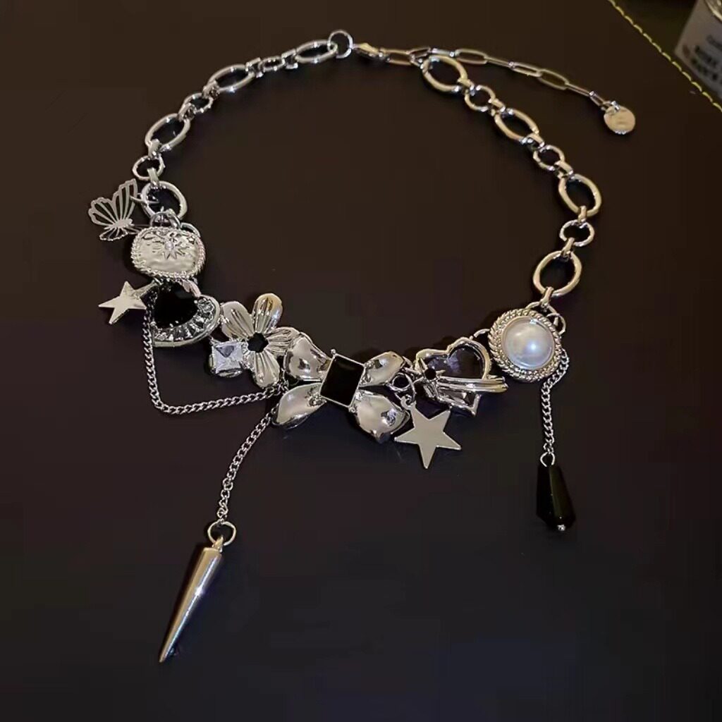 Celestial Charm Chain Necklace – Y2K Silver Alloy Statement Choker Necklace with Stars & Butterfly Pendants