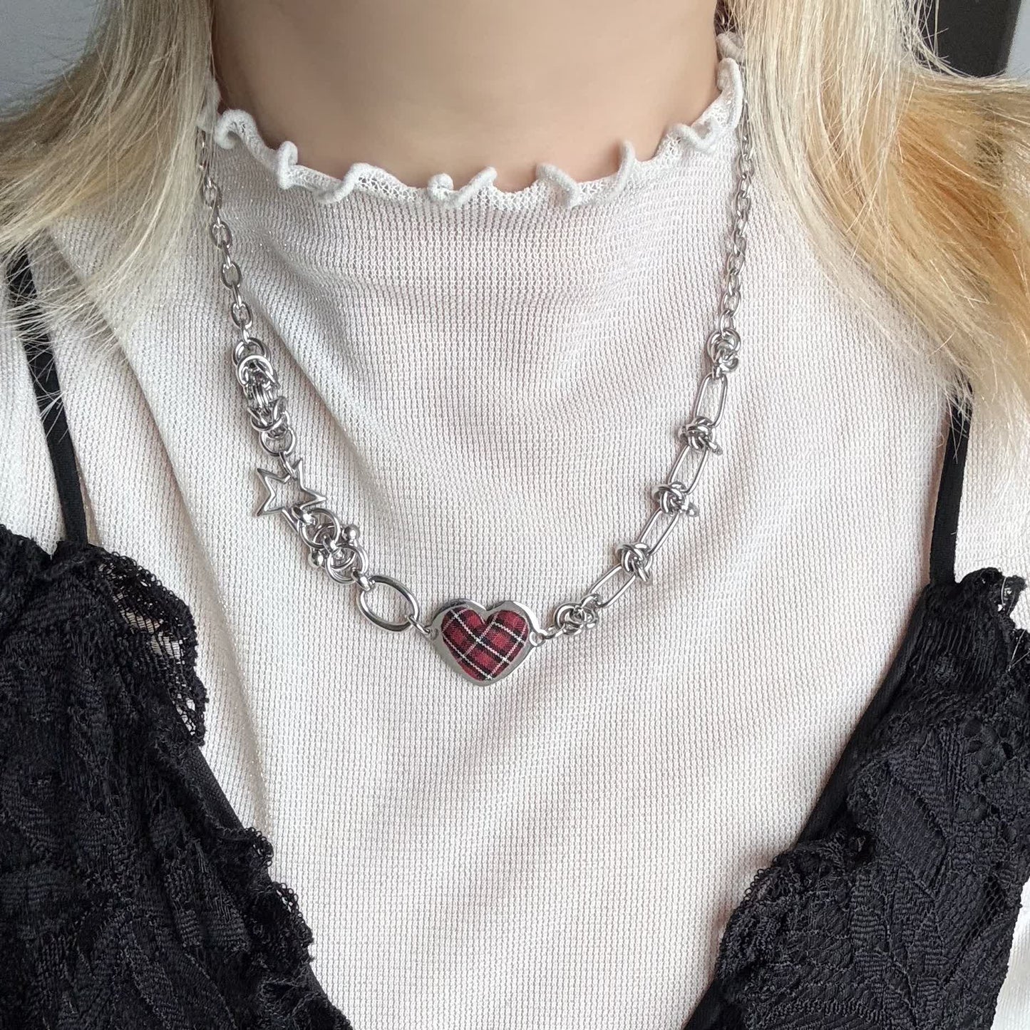 Tartan Heart Necklace — Y2K Gothic Plaid Charm Necklace