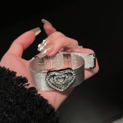 Heart Crystal Bracelet — Y2K Silver Coquette Statement Bracelet