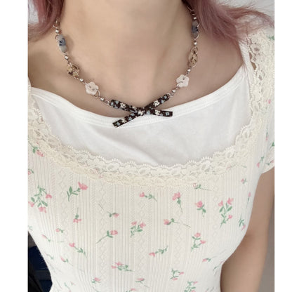 Vintage Bow Charm Necklace — Y2K Floral Ribbon Layered Jewelry