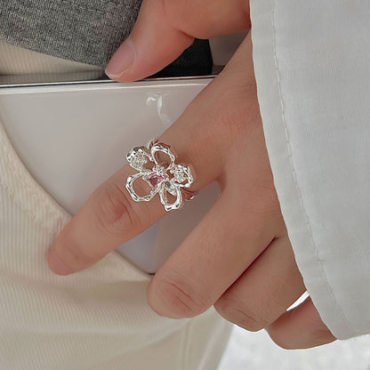 Pink Crystal Flower Ring — Y2K Fairycore Statement Ring