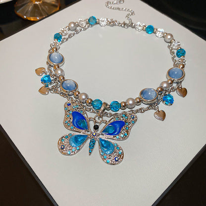 Blue Butterfly Pearl Layered Necklace – Dreamy Fairycore Statement Jewelry