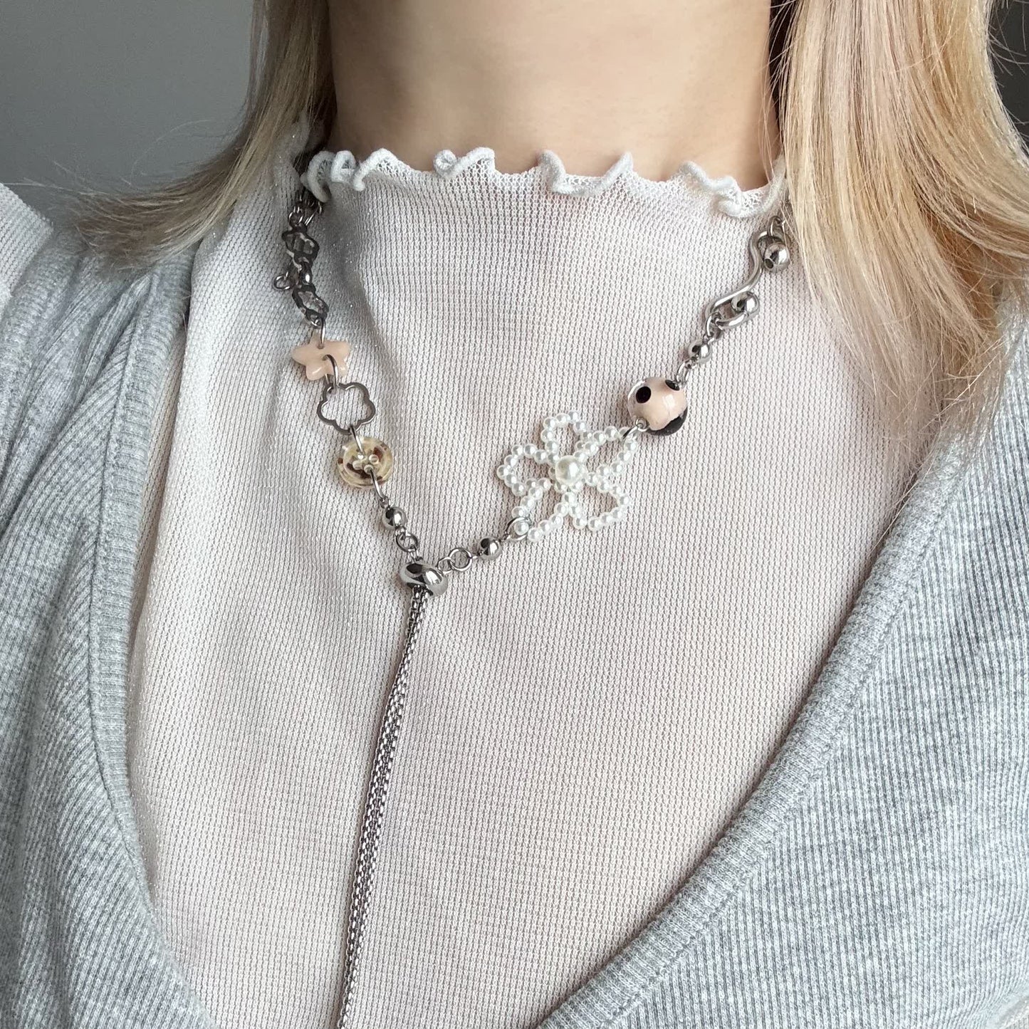 Flower Charm Necklace — Y2K Silver Floral Statement Necklace
