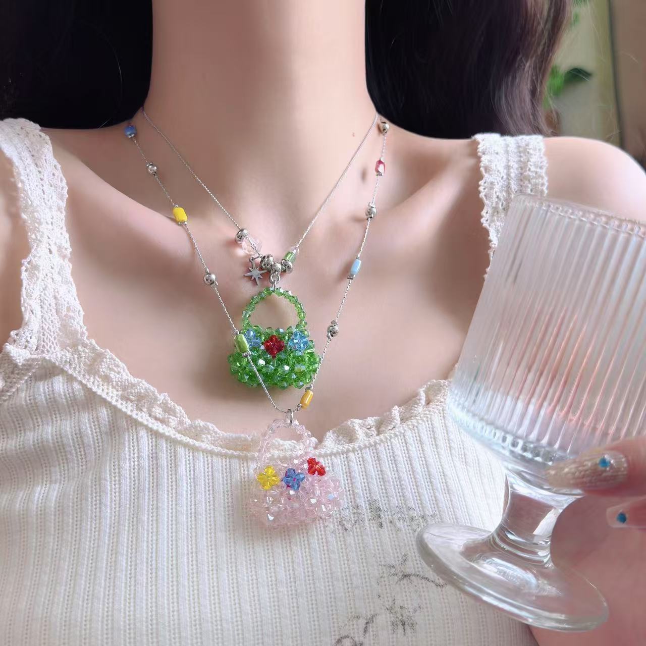 Y2K Mini Bag Charm Necklace | Colorful Beaded Statement Necklace