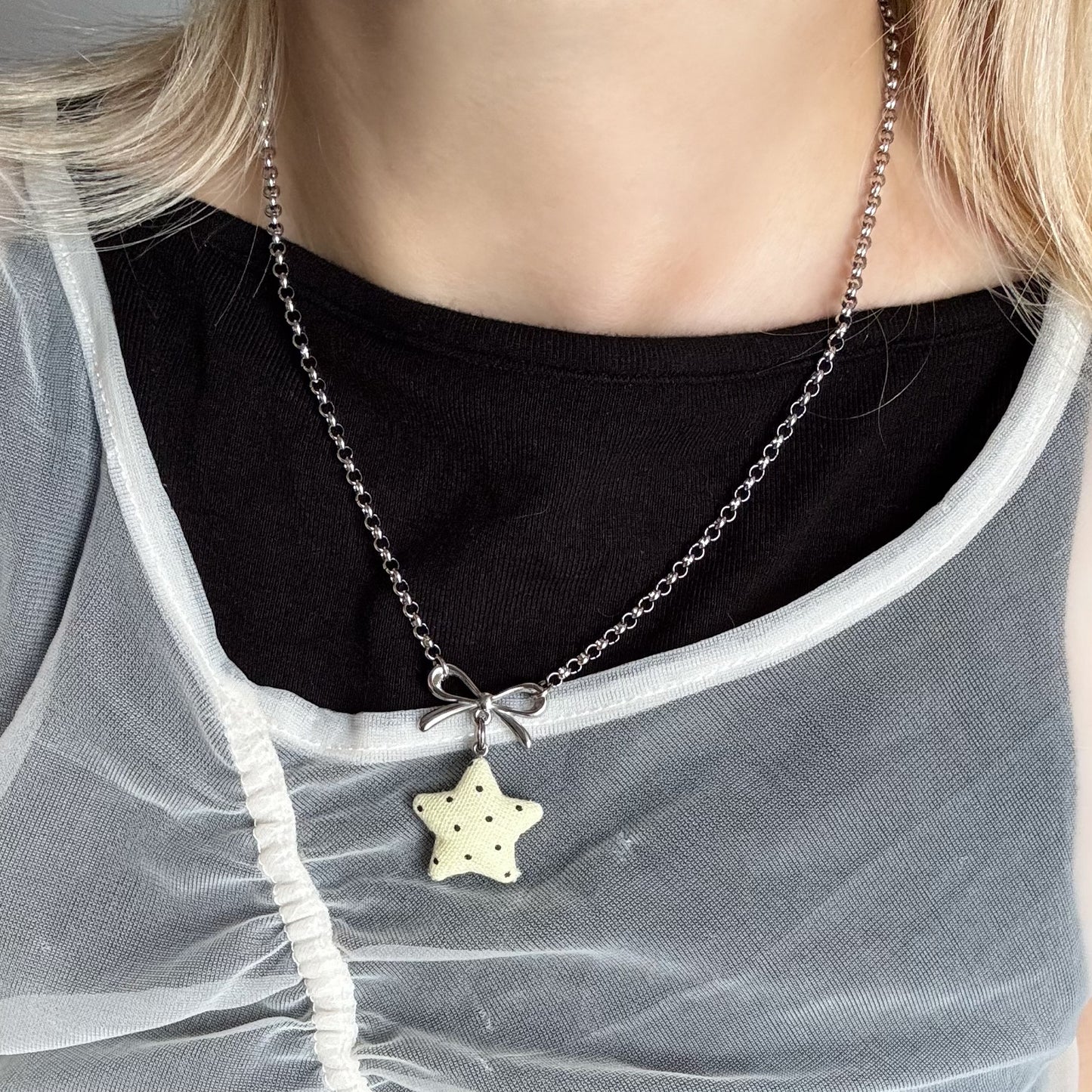 Star Bow Necklace — Y2K Fairycore Fabric Charm Necklace