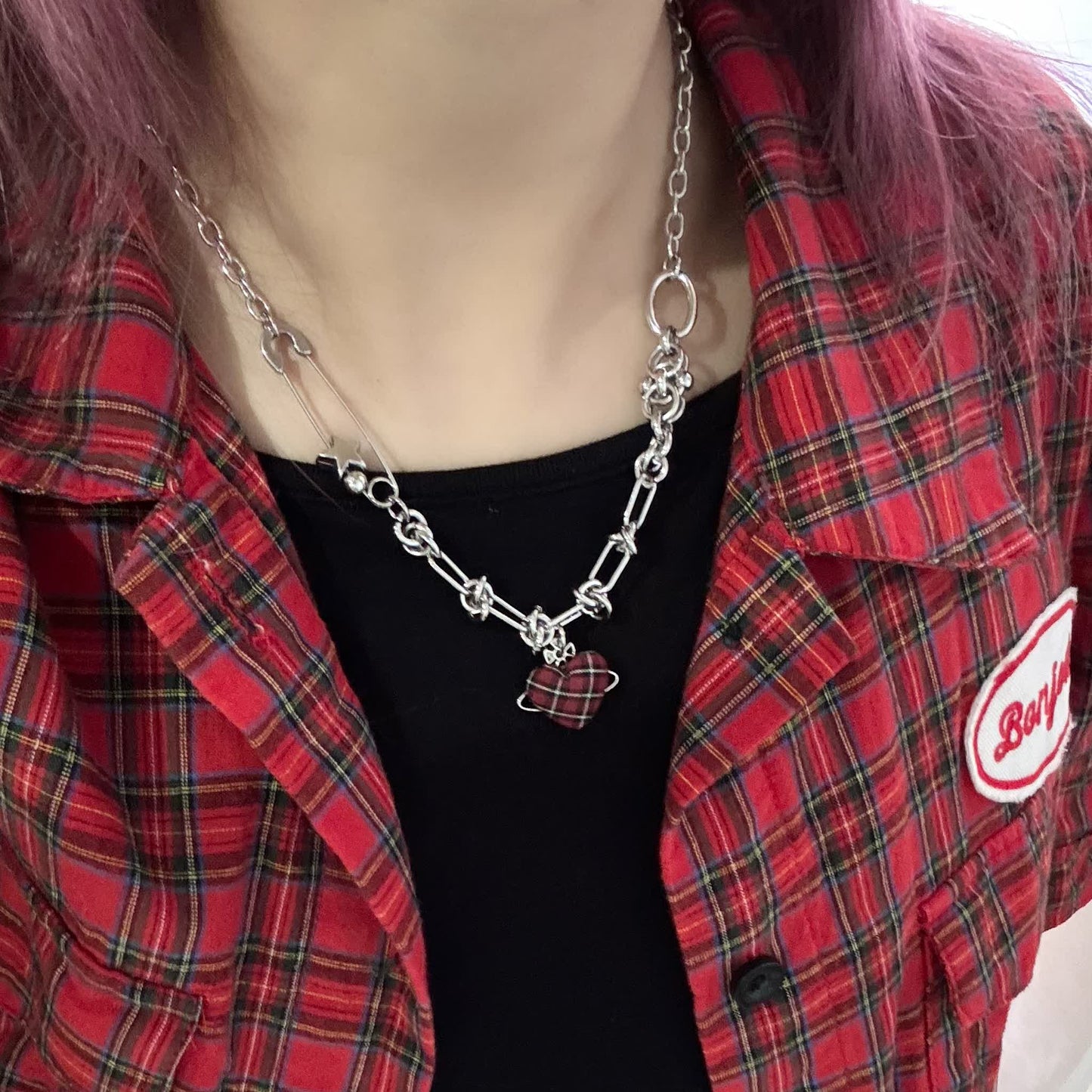 Red Plaid Heart Necklace — Y2K Vintage Punk Layered Jewelry