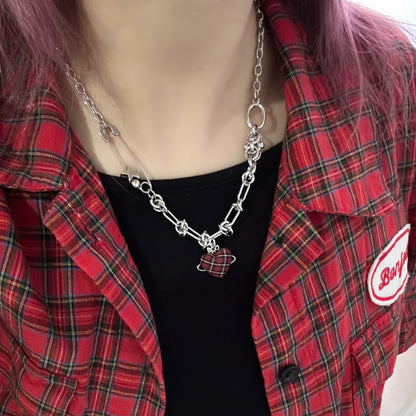 Red Plaid Heart Necklace — Y2K Vintage Punk Layered Jewelry