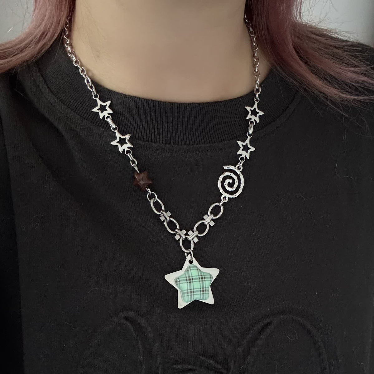 Plaid Star Charm Necklace — Y2K Vintage Layered Chain Necklace