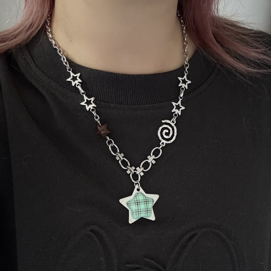 Plaid Star Charm Necklace — Y2K Vintage Layered Chain Necklace