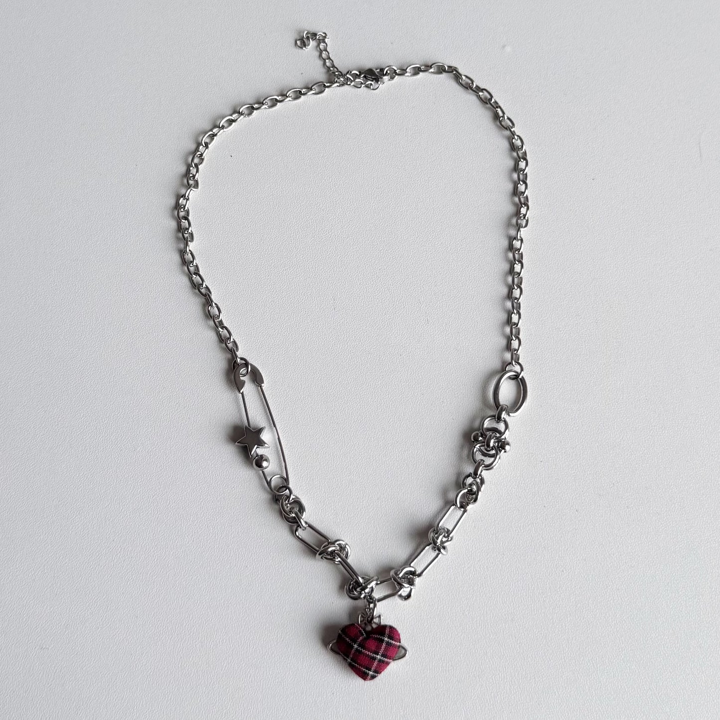 Red Plaid Heart Necklace — Y2K Vintage Punk Layered Jewelry