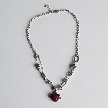 Red Plaid Heart Necklace — Y2K Vintage Punk Layered Jewelry