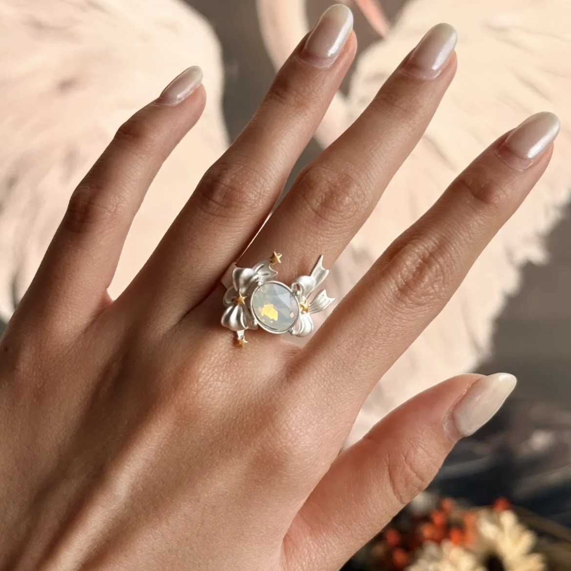 Love Spell Crystal Bow Ring – Y2K Silver Heart Gemstone Adjustable Statement Ring