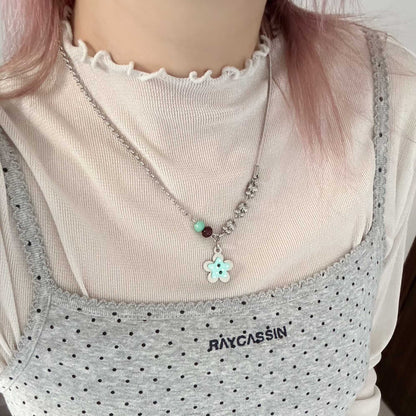 Mint Star Flower Charm Necklace — Y2K Dreamcore Layered Chain Jewelry