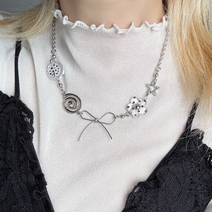 Silver Bow Charm Necklace — Y2K Vintage Layered Chain Jewelry
