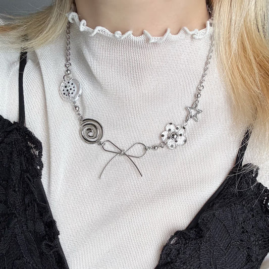 Silver Bow Charm Necklace — Y2K Vintage Layered Chain Jewelry