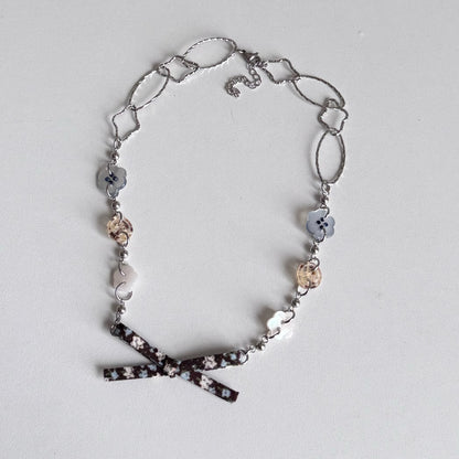 Vintage Bow Charm Necklace — Y2K Floral Ribbon Layered Jewelry