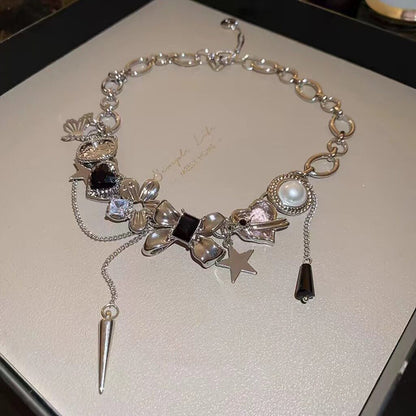 Celestial Charm Chain Necklace – Y2K Silver Alloy Statement Choker Necklace with Stars & Butterfly Pendants