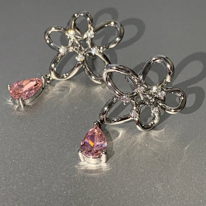 Flower Crystal Earrings — Y2K Fairycore Pink Gem Statement Earrings