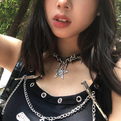 Dark Star Leather Necklace – Y2K Gothic Punk Jewelry