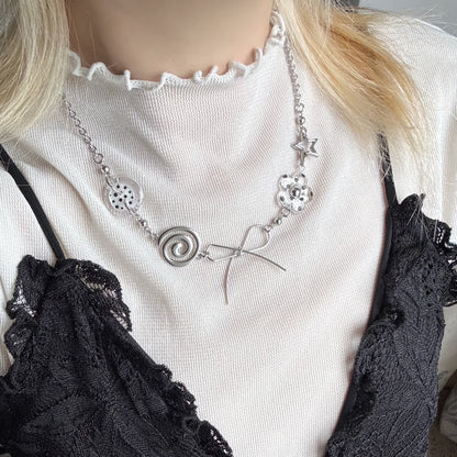 Silver Bow Charm Necklace — Y2K Vintage Layered Chain Jewelry