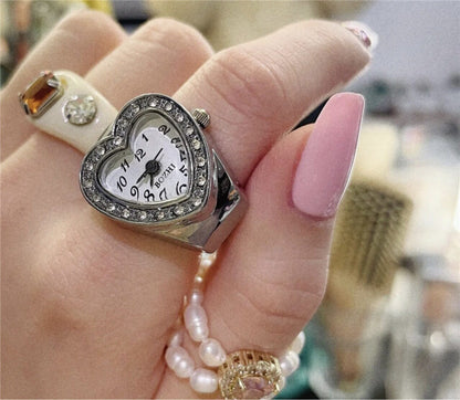 Y2K Mini Watch Ring | Cute Heart Dial Rhinestone Alloy Ring