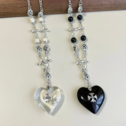 Midnight Heart Cross Necklace — Vintage Gothic Beaded Chain
