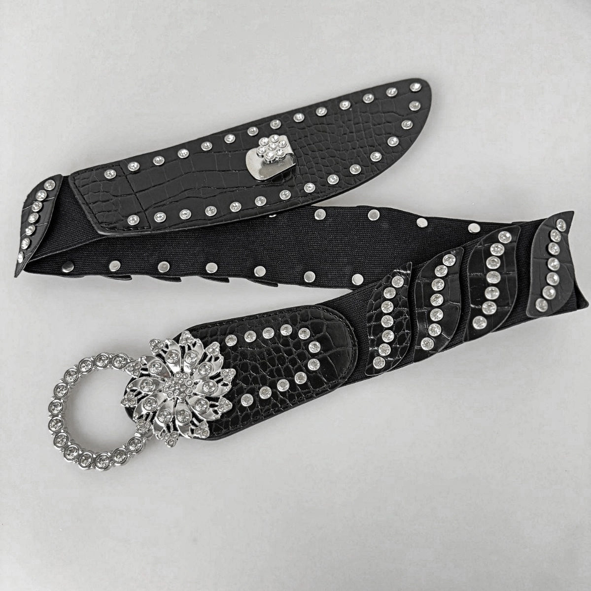 Vintage Luxury Waist Belt | Black Studded Belt with Sparkling Floral Buckle