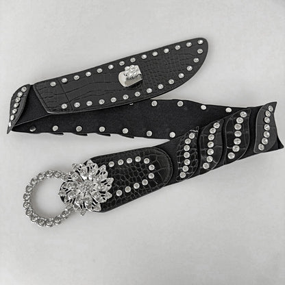 Vintage Luxury Waist Belt | Black Studded Belt with Sparkling Floral Buckle