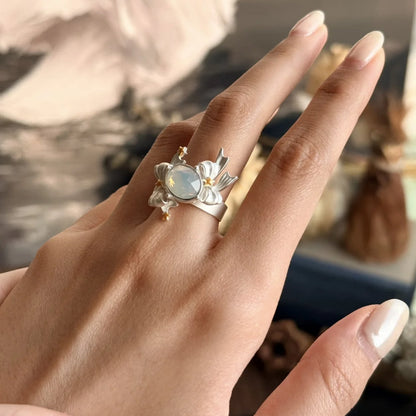 Love Spell Crystal Bow Ring – Y2K Silver Heart Gemstone Adjustable Statement Ring
