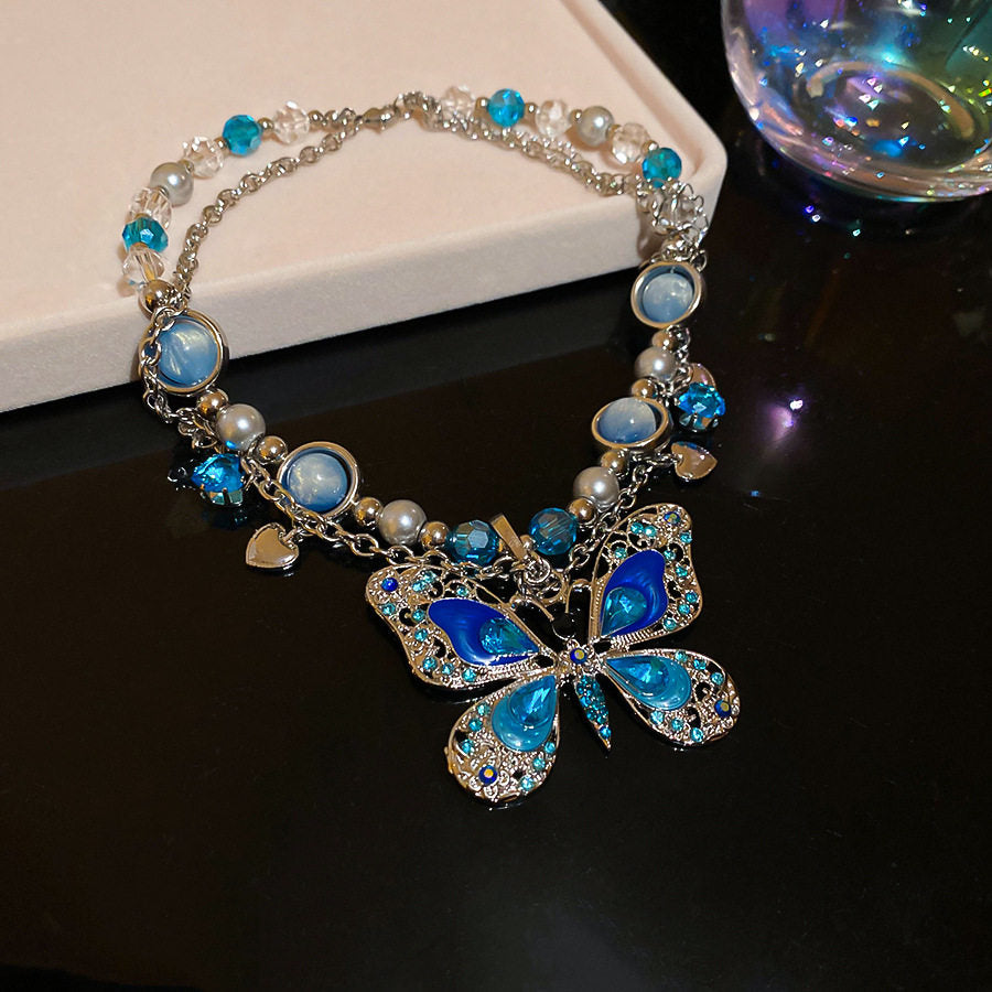 Blue Butterfly Pearl Layered Necklace – Dreamy Fairycore Statement Jewelry