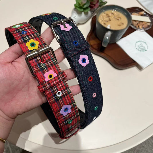 Y2K Floral Denim Plaid Belt — Cute Vintage Streetwear Waist Belt