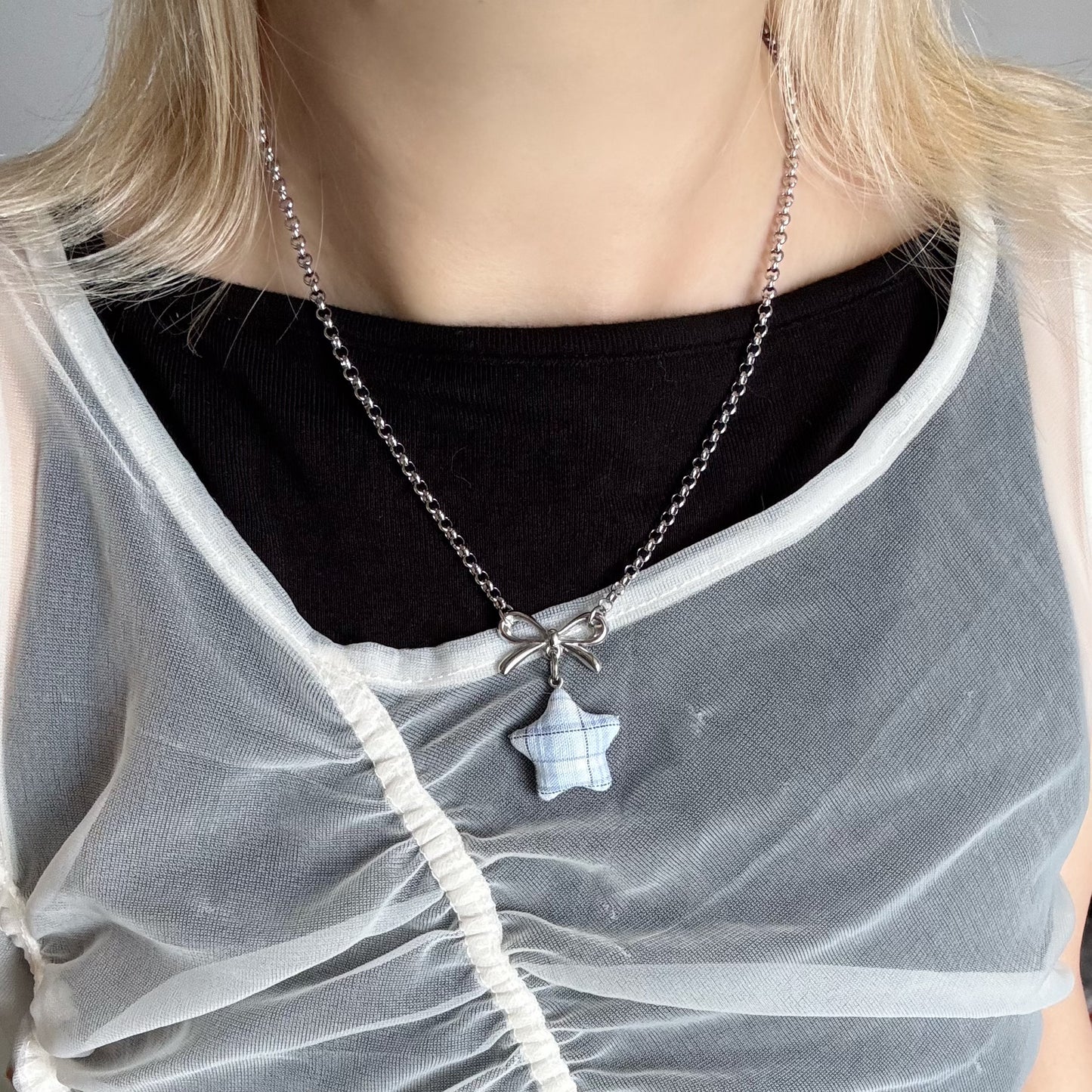 Star Bow Necklace — Y2K Fairycore Fabric Charm Necklace