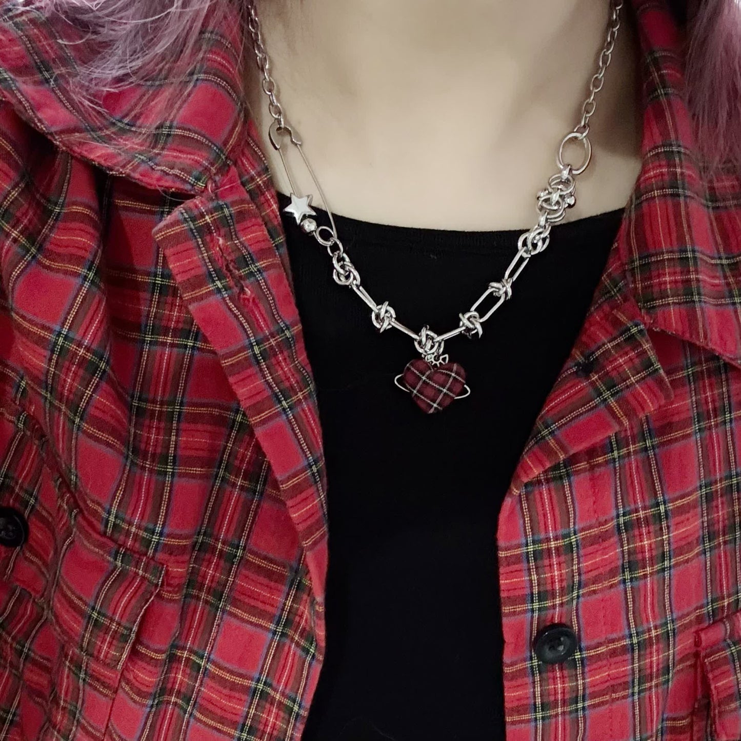 Red Plaid Heart Necklace — Y2K Vintage Punk Layered Jewelry