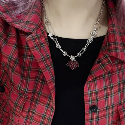 Red Plaid Heart Necklace — Y2K Vintage Punk Layered Jewelry