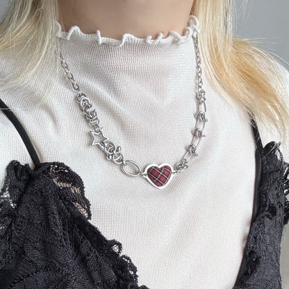 Tartan Heart Necklace — Y2K Gothic Plaid Charm Necklace