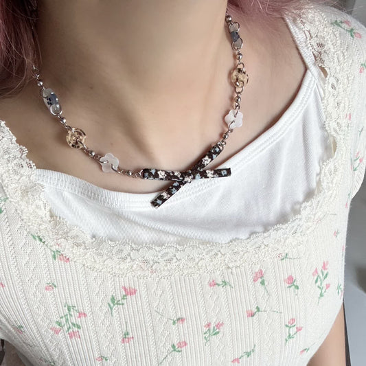 Vintage Bow Charm Necklace — Y2K Floral Ribbon Layered Jewelry