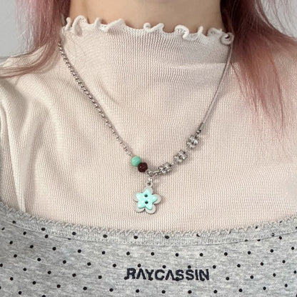 Mint Star Flower Charm Necklace — Y2K Dreamcore Layered Chain Jewelry