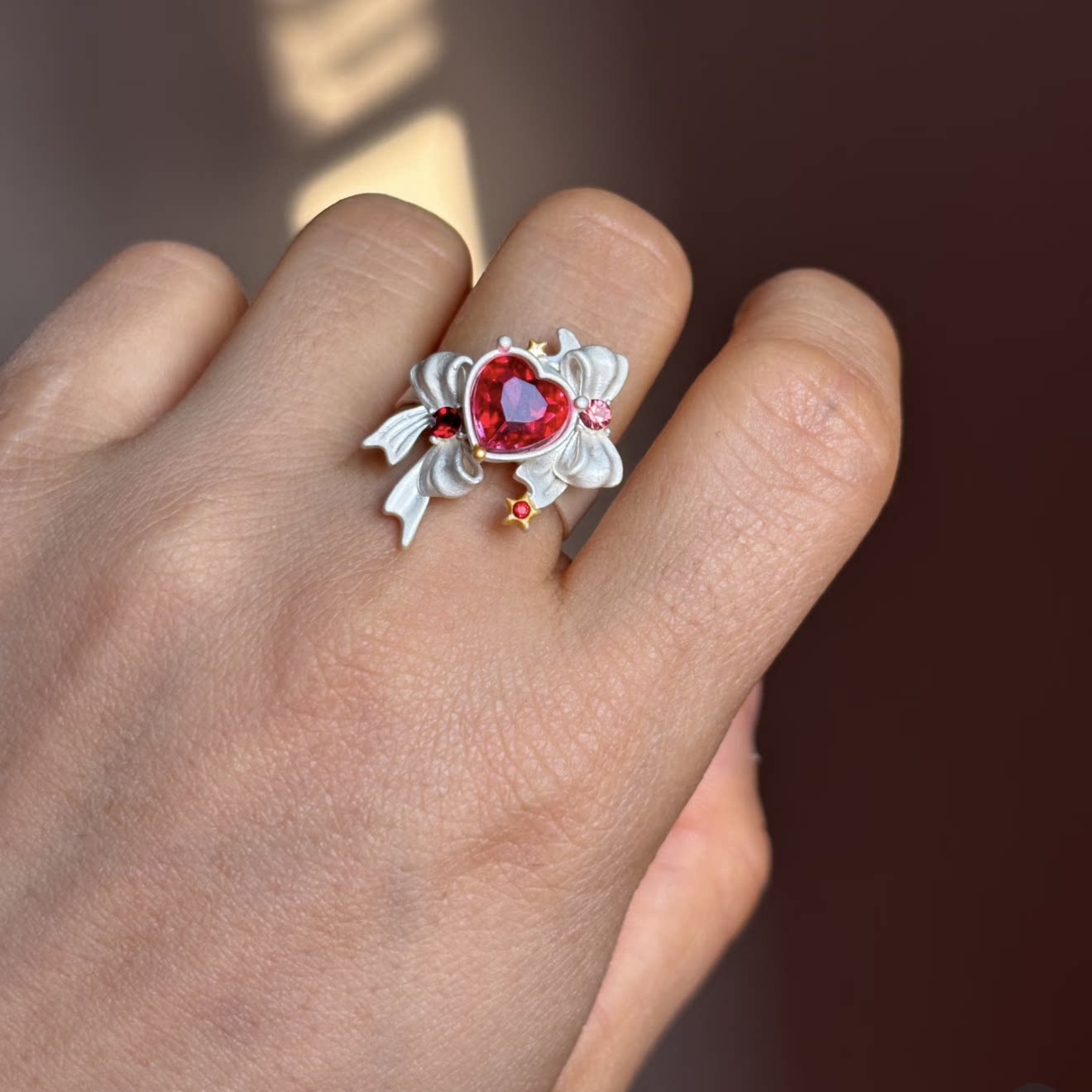 Love Spell Crystal Bow Ring – Y2K Silver Heart Gemstone Adjustable Statement Ring