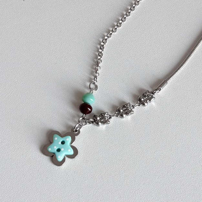 Mint Star Flower Charm Necklace — Y2K Dreamcore Layered Chain Jewelry