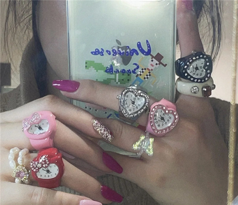 Y2K Mini Watch Ring | Cute Heart Dial Rhinestone Alloy Ring