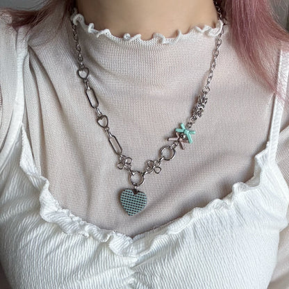 Gingham Heart Charm Necklace — Y2K Sweet Layered Chain Jewelry