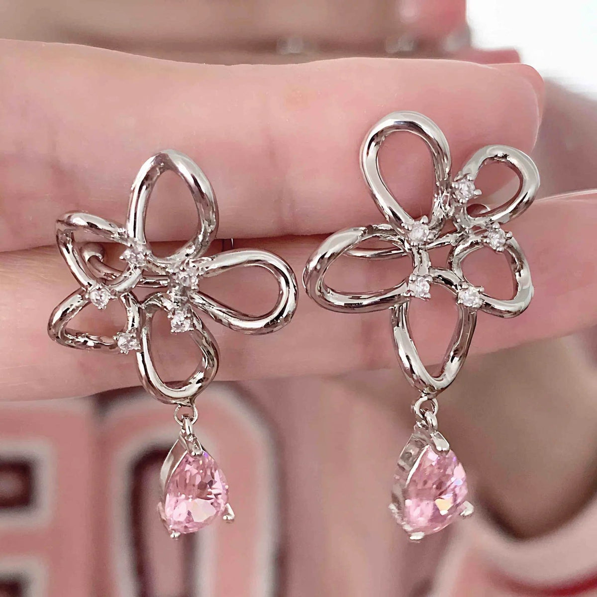 Flower Crystal Earrings — Y2K Fairycore Pink Gem Statement Earrings