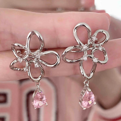 Flower Crystal Earrings — Y2K Fairycore Pink Gem Statement Earrings
