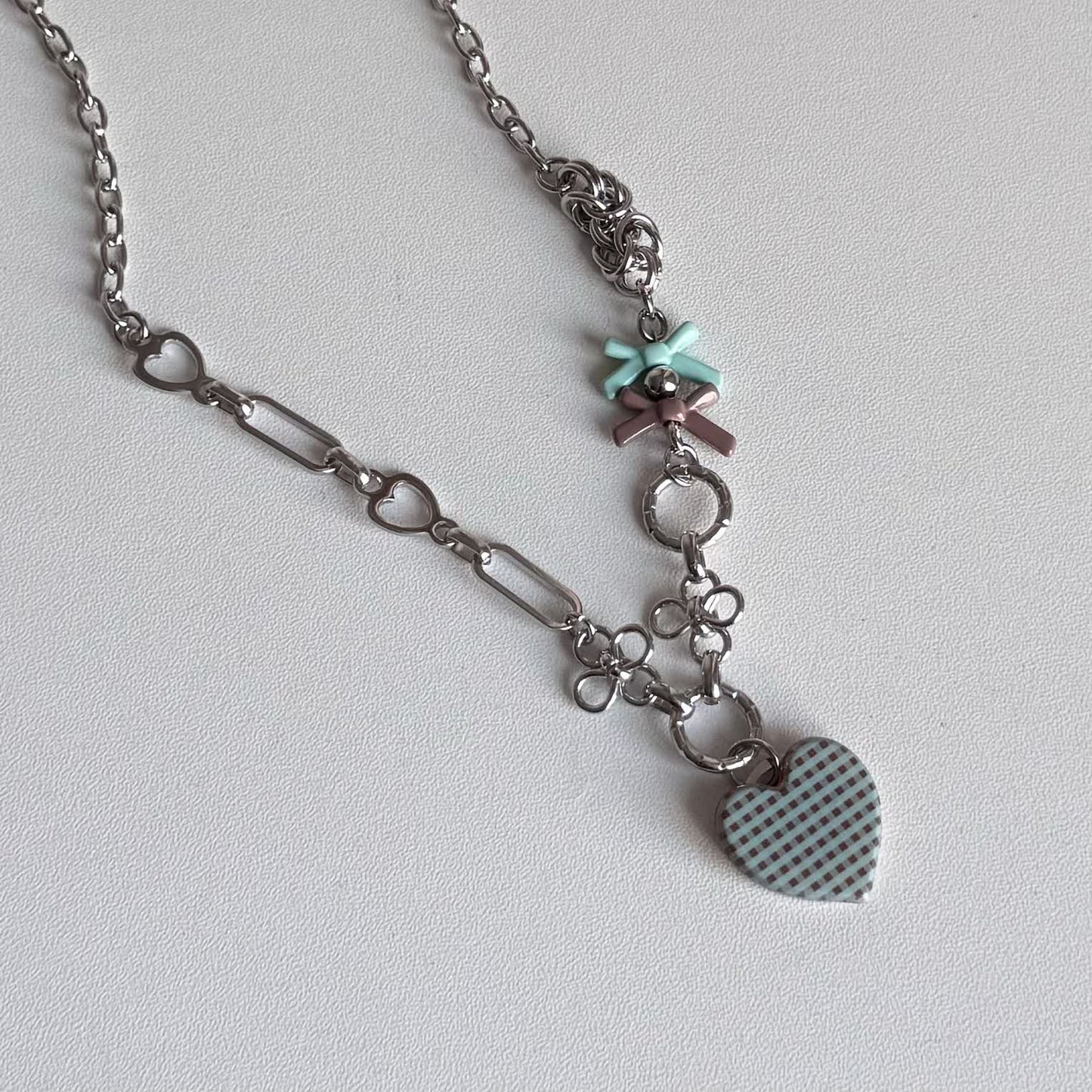 Gingham Heart Charm Necklace — Y2K Sweet Layered Chain Jewelry