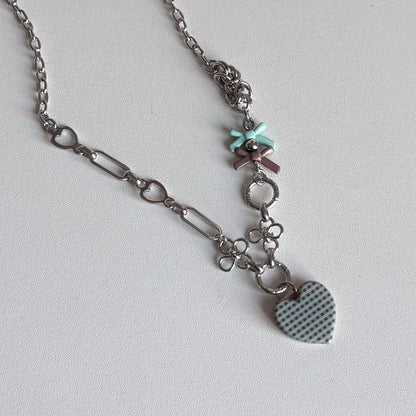 Gingham Heart Charm Necklace — Y2K Sweet Layered Chain Jewelry