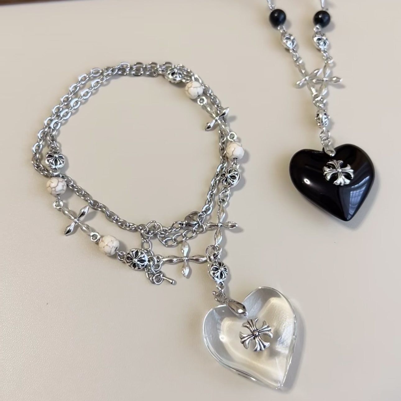 Midnight Heart Cross Necklace — Vintage Gothic Beaded Chain