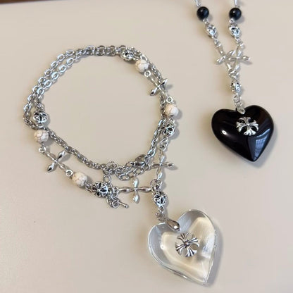 Midnight Heart Cross Necklace — Vintage Gothic Beaded Chain