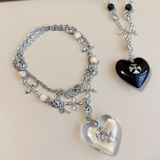 Midnight Heart Cross Necklace — Vintage Gothic Beaded Chain