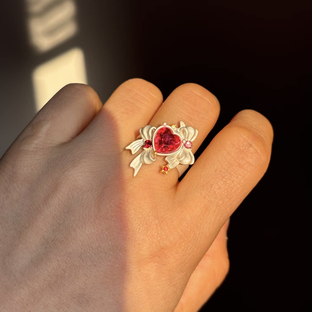Love Spell Crystal Bow Ring – Y2K Silver Heart Gemstone Adjustable Statement Ring