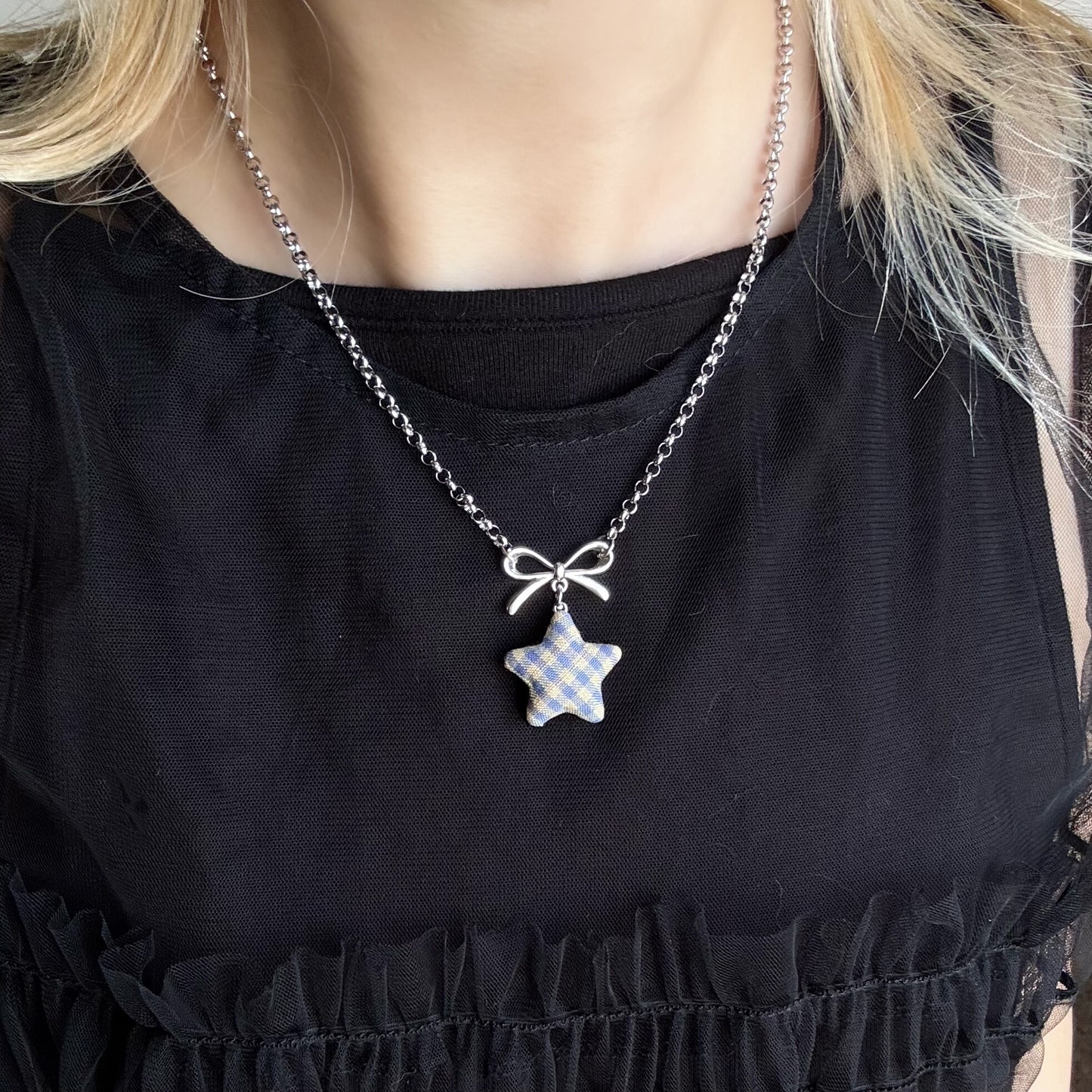 Star Bow Necklace — Y2K Fairycore Fabric Charm Necklace
